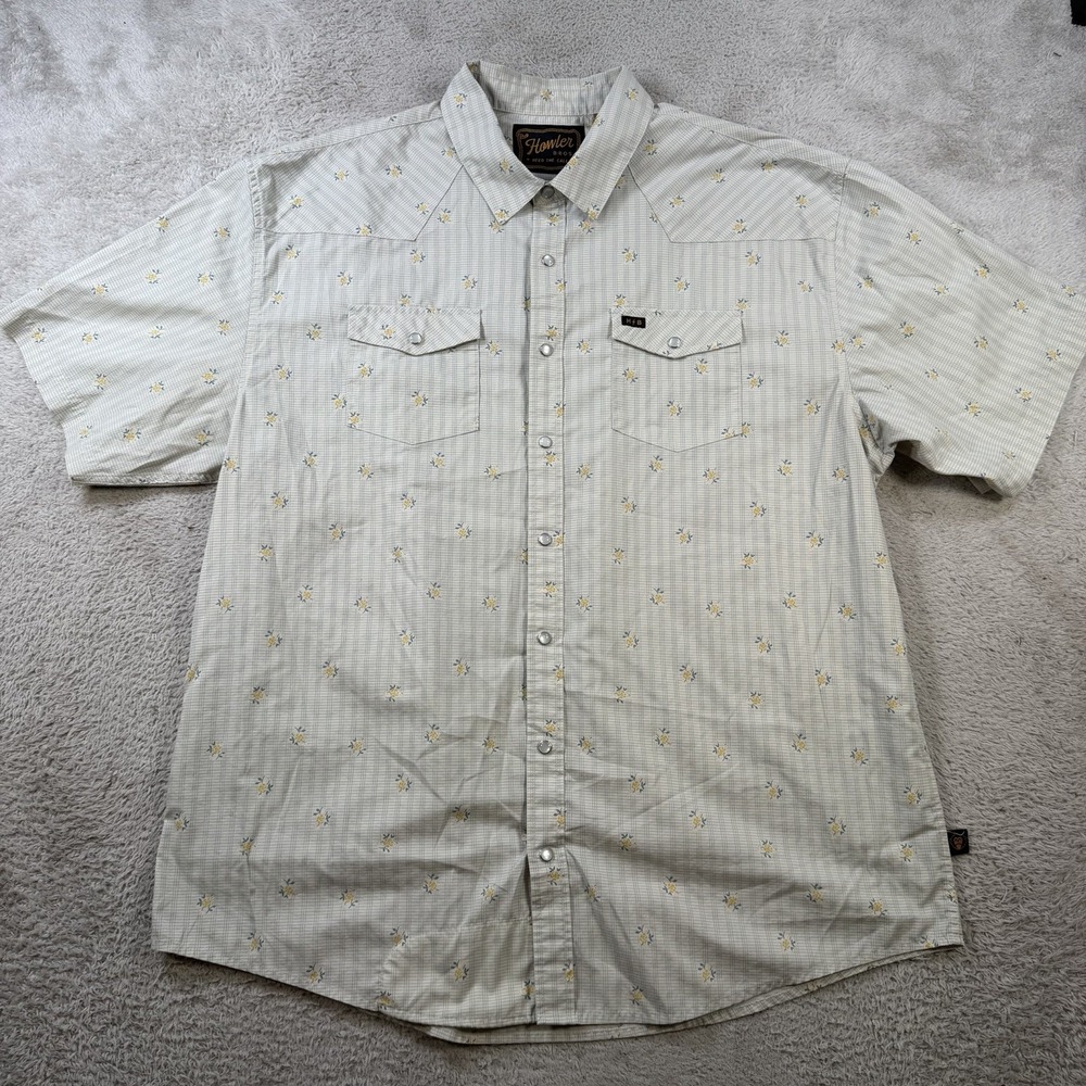 Howler Bros H Bar B Snap Shirt Mens 2XL White Grid Floral Pearl Flap Pocket